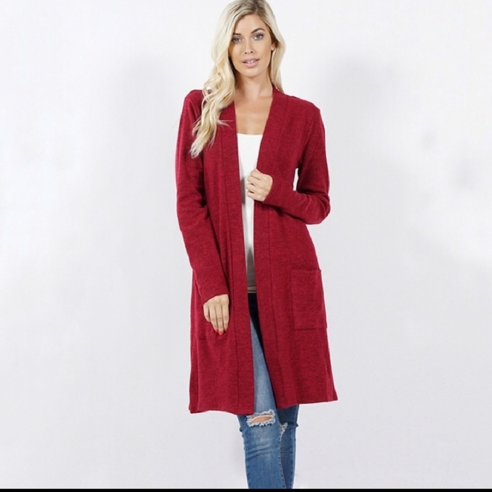 Brushed Melange Open Front Pocket Cardigan - Picture 2 of 5